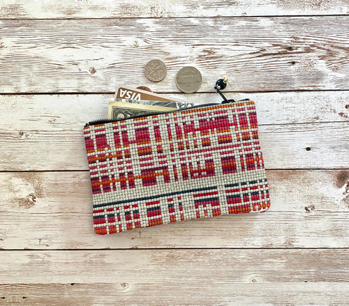 Colorful Grid Coin Purse, Pink Orange Red Woven Small Zip Pouch Wallet, Gift Idea, Christmas Birthday Gift Stocking Stuffer, Under 20
