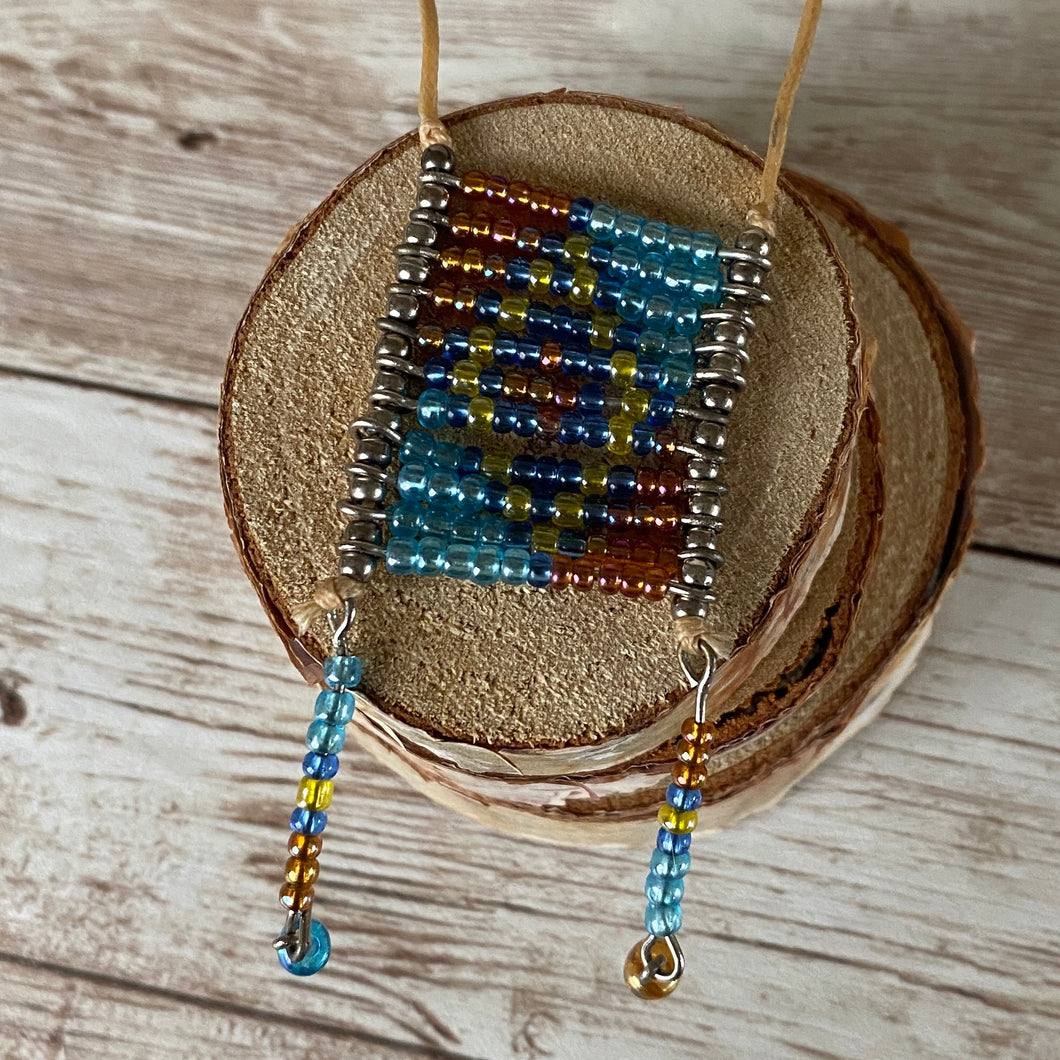 Beaded Blue Yellow Brown Native American Style Adjustable Necklace Seed Beads Boho Southwest Necklace