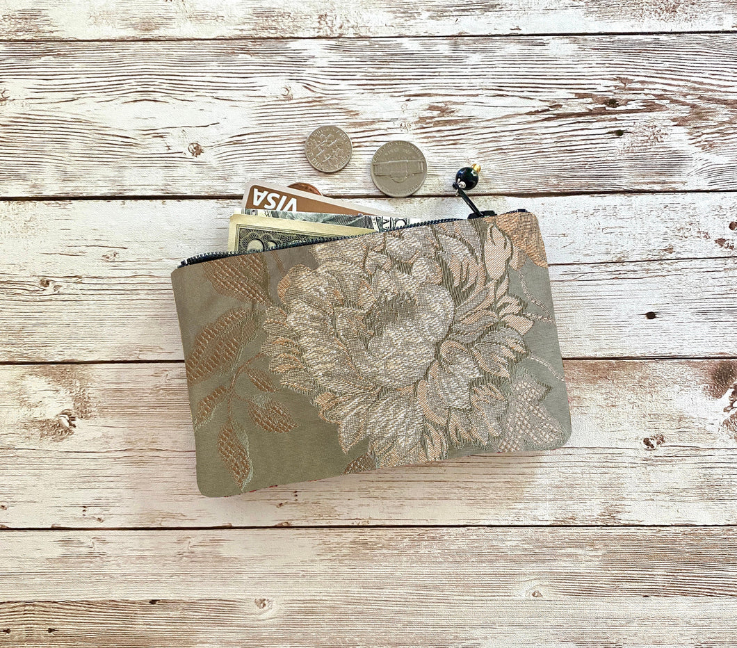 Sage Green Embroidered Floral Coin Purse Vintage Small Zip Pouch Small Wallet Victorian Style Unique Gift