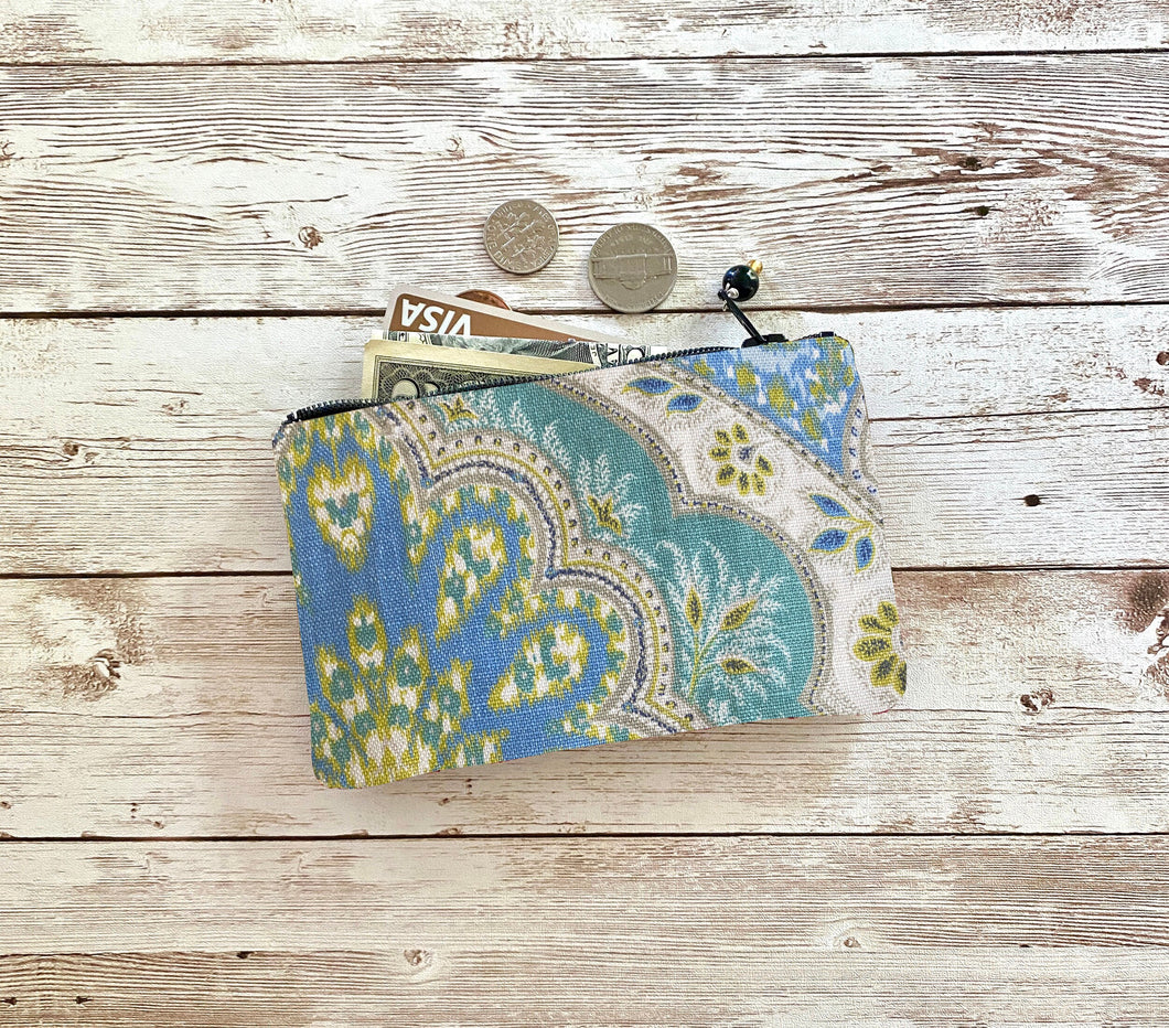 Blue Teal Green Boho Ikat Coin Purse Vintage Small Zip Pouch Small Wallet Birthday Holiday Valentine Gift