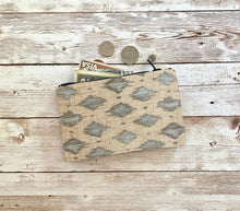 Load image into Gallery viewer, Seafoam Blue and Tan Boho Ikat Coin Purse Vintage Small Zip Pouch Small Wallet Birthday Holiday Valentine Gift
