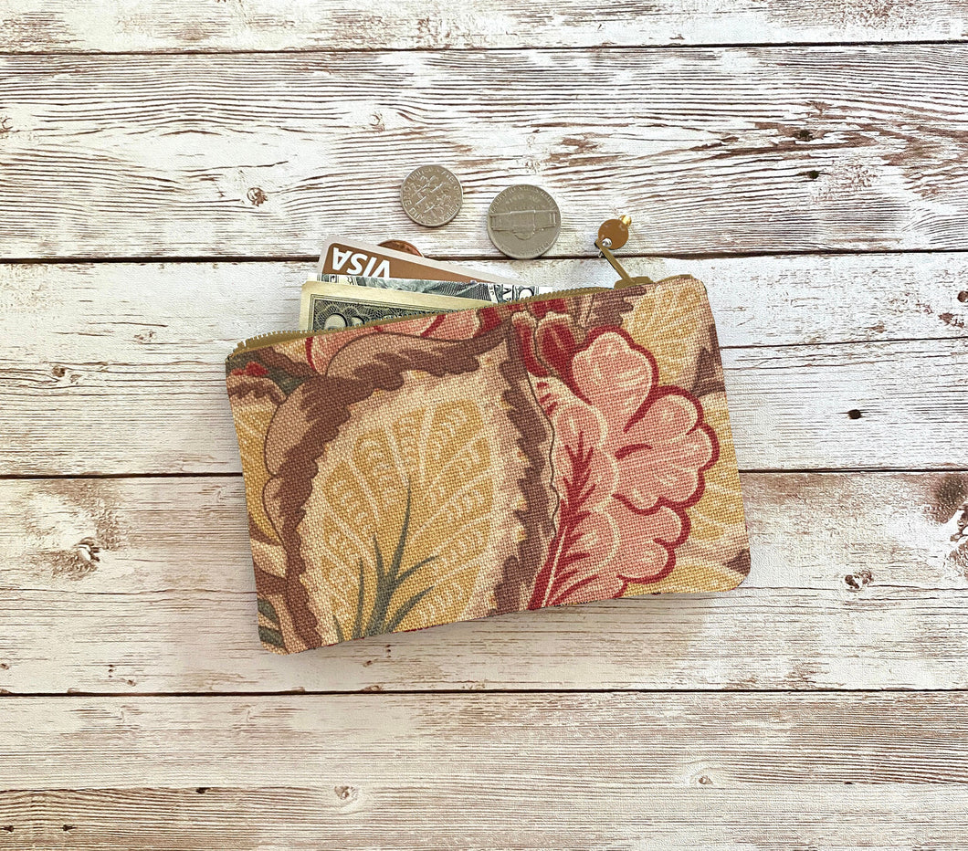 Pink Tan Yellow Floral Coin Purse, Small Zip Pouch Small Wallet Birthday Holiday Valentine Gift