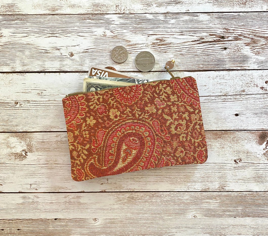 Coral Paisley Floral Coin Purse, Small Zip Pouch Small Wallet Birthday Holiday Valentine Boho Gift