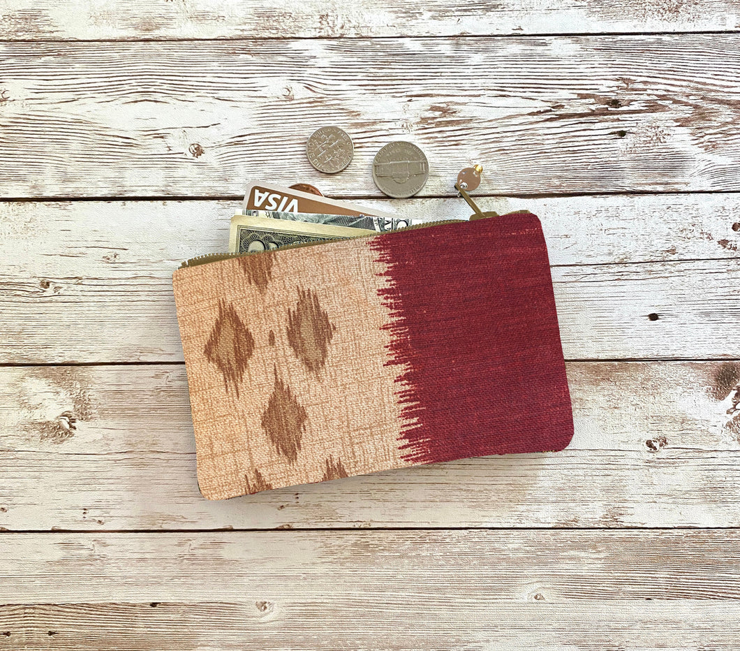 Deep Red and Tan Ikat Coin Purse, Small Zip Pouch Small Wallet Birthday Holiday Valentine Boho Gift