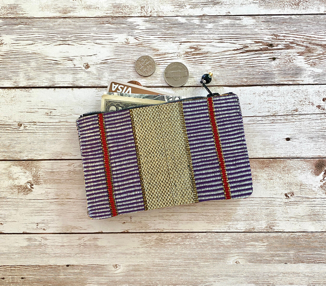 Purple Gold and Red Striped Woven Coin Purse, Vintage Small Zip Pouch Small Wallet Birthday Holiday Valentine Boho Gift