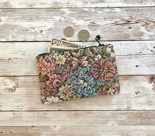 Victorian Tapestry Floral Coin Purse, Small Vintage Zip Pouch Small Wallet Birthday Holiday Valentine Gift