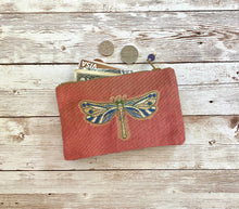 Load image into Gallery viewer, Dragonfly Coin Purse, Vintage Embroidered Coral Orange Blue Small Zip Pouch Small Wallet Birthday Holiday Valentine Gift
