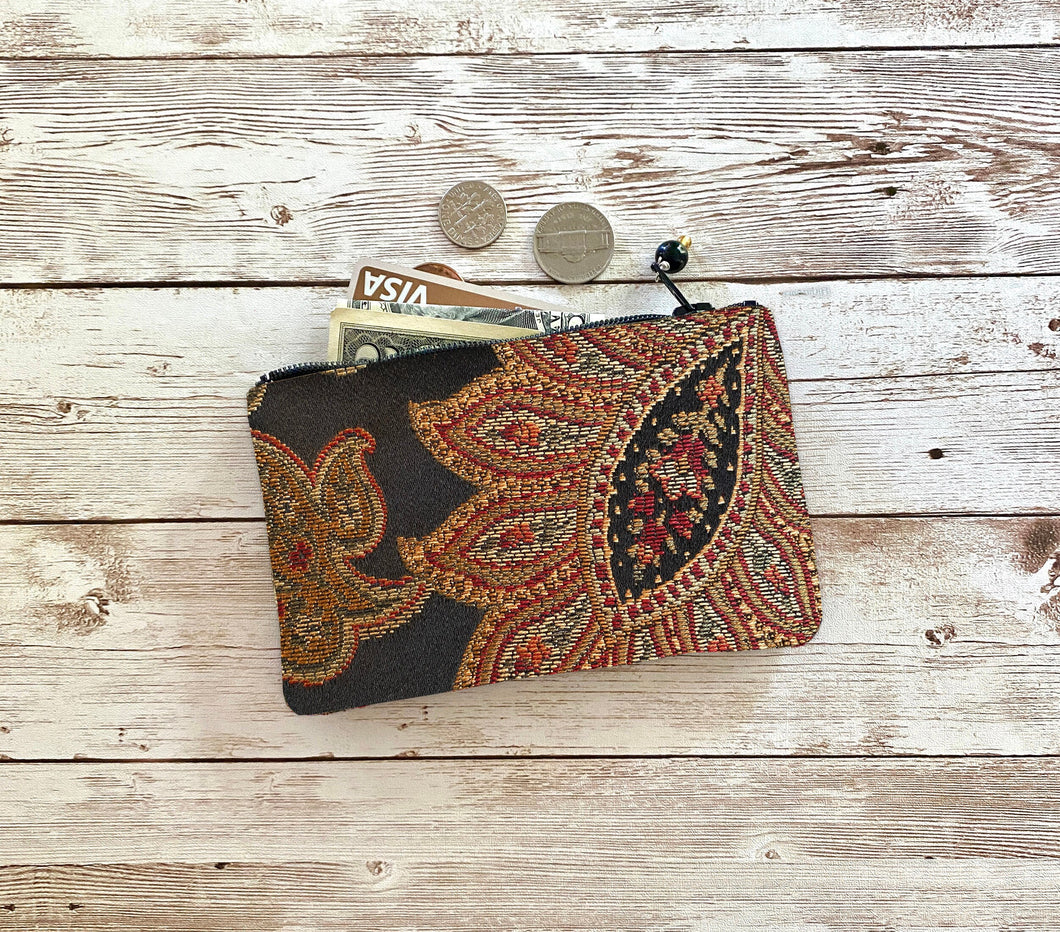 Embroidered Black Red Gold Floral Coin Purse, Vintage Small Zip Pouch Small Wallet Birthday Holiday Valentine Gift