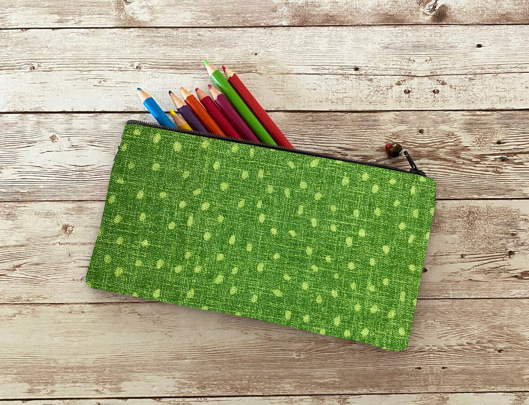 Green Polka Dot Pencil Case Pouch, Medium Art Pen Zip Pouch, Small Wallet Fun Bag Gift Idea