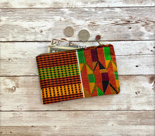 Load image into Gallery viewer, Orange Green Black Red African Kente Coin Purse, Small Zip Pouch, Small Wallet Gift Idea, Christmas Birthday Valentine Gift

