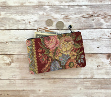 Load image into Gallery viewer, Burgundy Victorian Floral Coin Purse Floral Deep Red Blue Pink Tapestry Small Zip Pouch, Small Wallet, Carpet Bag Wallet
